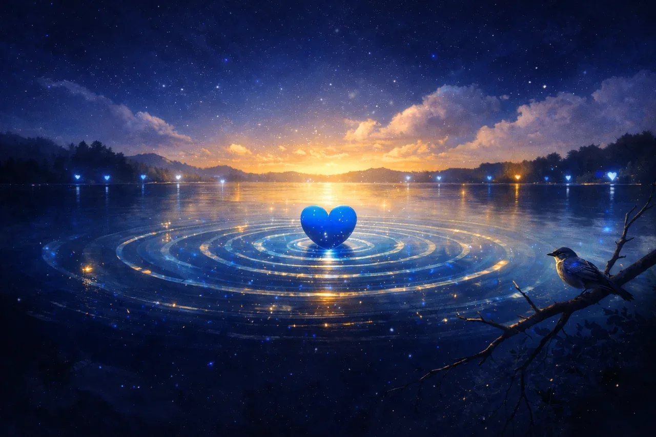 The Wren — a blue heart hovering above a starlit lake, ripples spilling outward to the shore where a small wren listens from a bare branch